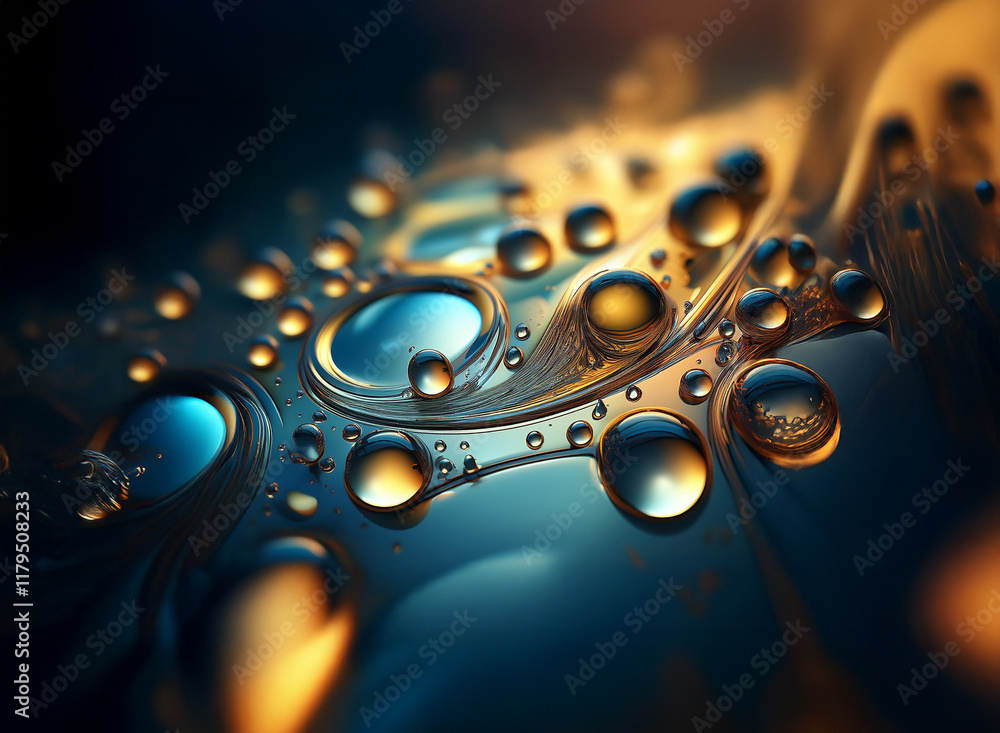 Aufkleber close-up view of glistening water droplets on a dark surface, illuminated with warm golden and cool 