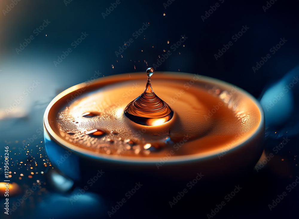 Poster a single drop of water impacts a cup of coffee, creating a mesmerizing crown splash and ripple effec