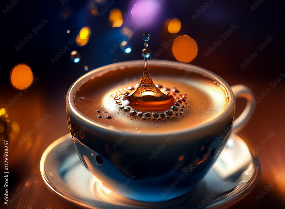 Poster a captivating close-up of a coffee drop impacting a steaming cup, creating mesmerizing concentric ri