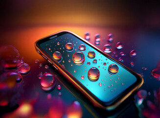 A smartphone rests on a reflective surface, adorned with water droplets. Vibrant, colorful lighting enhances the scene's sleek aesthetic.  The image showcases water resistance and modern technology.