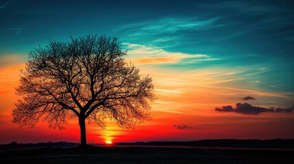 Obraz premium Majestic Sunset Silhouette: A Lone Tree at Golden Hour