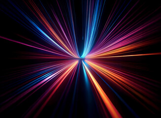 Abstract image depicting vibrant, radiating light streaks converging at a central point, creating a dynamic sense of speed and movement.  The dark background enhances the luminosity of the colorful ra