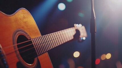 Naklejka premium A close-up of an acoustic guitar's strings and frets, capturing the fine details of craftsmanship, set against a blurred stage background,