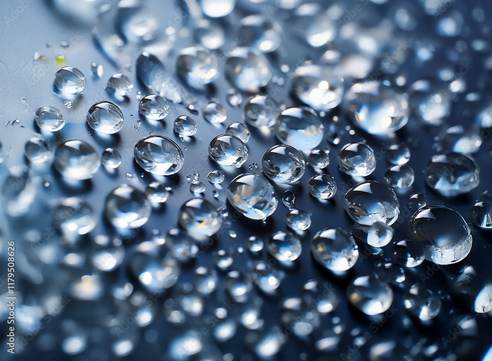 Aufkleber close-up view of numerous water droplets on a dark, reflective surface. the droplets vary in size an