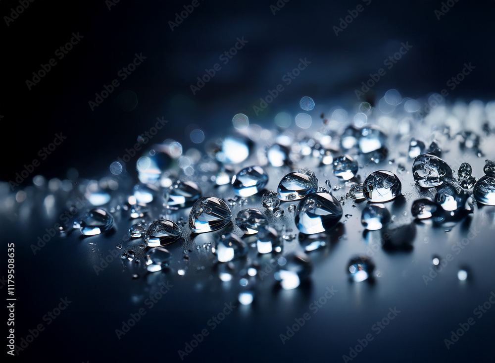 Aufkleber Close-up of glistening water droplets on a dark, reflective surface.  The droplets vary in size and create a textured, abstract pattern.  Illumination highlights their translucence.