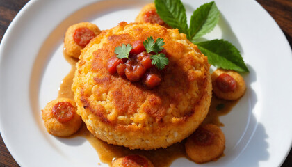 Fototapeta premium Tacu Tacu Peruvian Bean Cake Pan-Fried Close-Up Dish