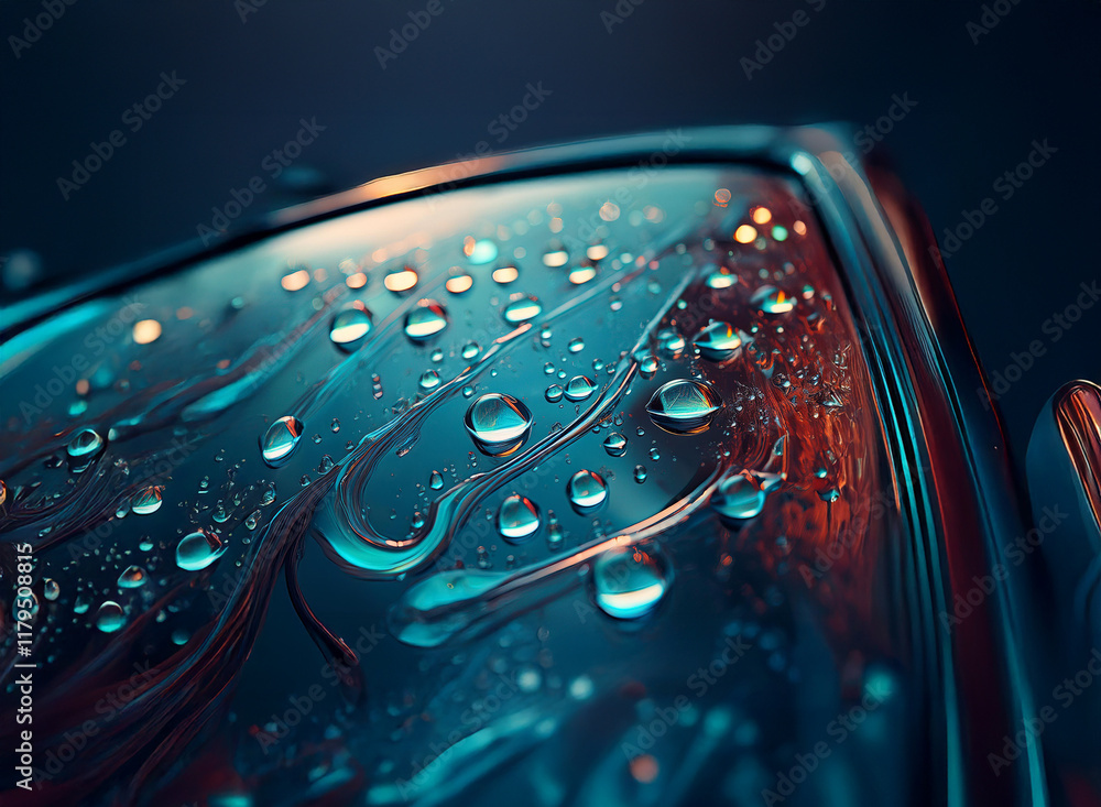 Aufkleber Close-up of water droplets on a dark, glossy, curved surface.  The liquid creates abstract patterns with teal and red highlights.  The texture is smooth and reflective.