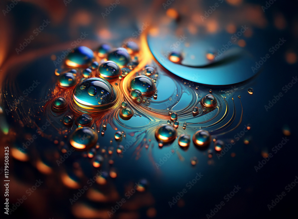 Fototapete Intricate patterns of vibrant teal and amber oil droplets coalesce on a dark surface, creating an abstract, mesmerizing microcosm.  The interplay of light and color evokes a sense of depth and mystery