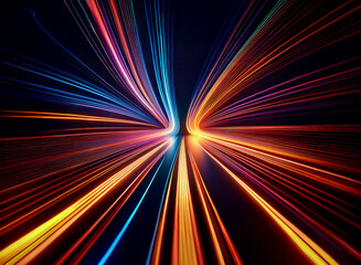 Abstract image depicting vibrant, multicolored light trails converging at a central vanishing point, suggesting speed and movement.  The dark background enhances the luminosity of the streaks.