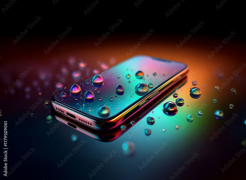Aufkleber a smartphone rests on a reflective surface, adorned with vibrant, iridescent water droplets. the bac