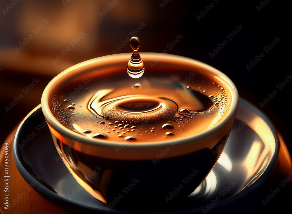 Fototapete A single drop of liquid falls into a small bowl, creating a mesmerizing ripple effect.  The warm amber liquid and lighting create a sense of calm and warmth.