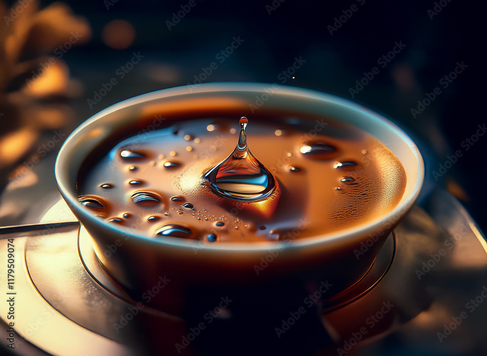 Poster A droplet of liquid impacts a dark, reflective surface, creating concentric ripples and miniature bubbles in a shallow, light-colored bowl.  The scene is dramatically lit, highlighting the textures an