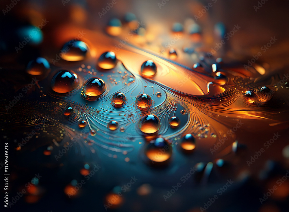 Poster Intricate patterns of swirling orange and blue hues are adorned with glistening water droplets, creating a mesmerizing abstract image. The interplay of light and shadow enhances the three-dimensional 
