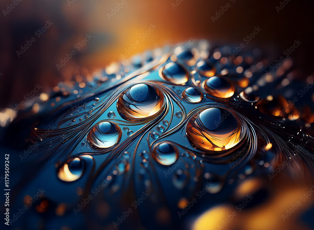 Poster intricate patterns of water droplets on a dark, reflective surface. illuminated with warm and cool t