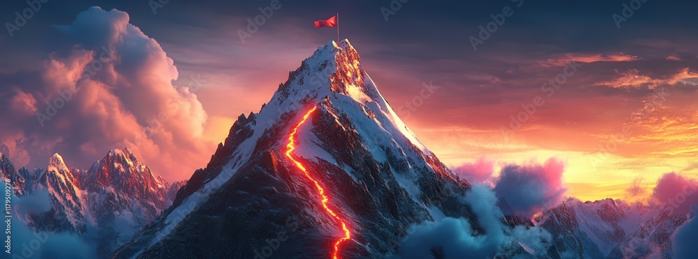 Poster a mountain with a red flag on top and a lava flow. the mountain is surrounded by clouds and the sky 