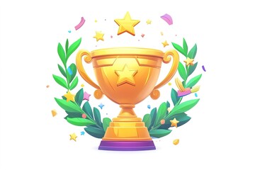 Bright and Detailed Gold Trophy with Stars, Laurel Wreath, and Green Leaves as a Cartoon-Style Icon for Mobile Games
