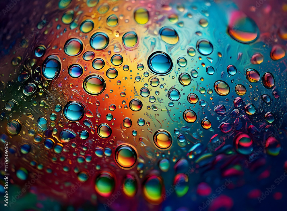 Aufkleber vibrant, iridescent water droplets on a colorful surface. the interplay of light and water creates a