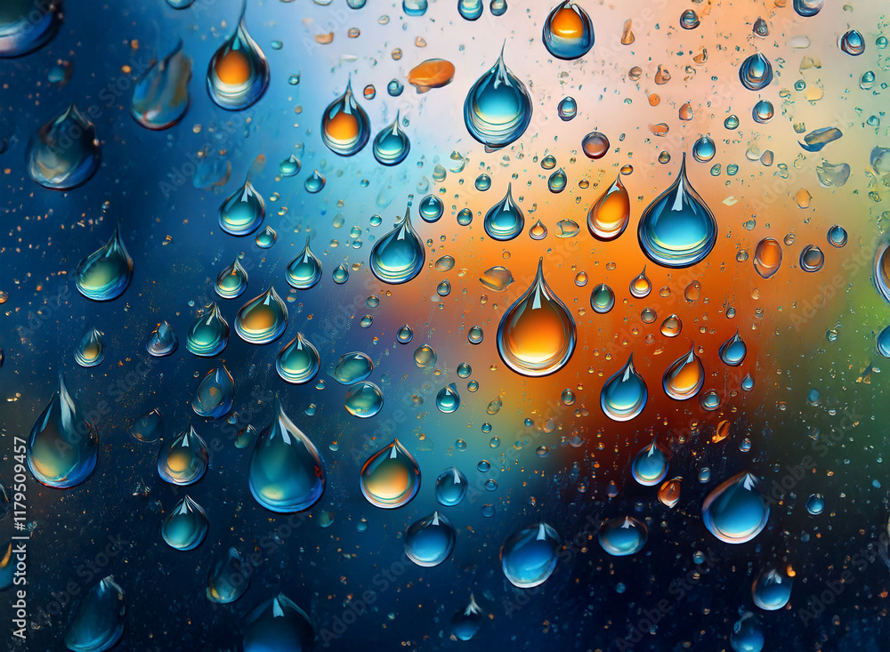 Poster vibrant raindrops cling to a glass surface, reflecting a colorful, blurred background. the droplets 