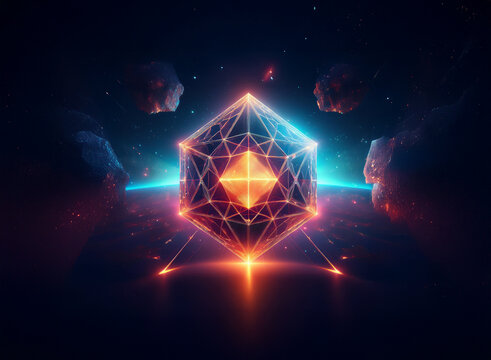 A glowing, geometric structure floats in space, surrounded by asteroids and a planet's horizon.  Intricate lines and vibrant colors create a mesmerizing, otherworldly scene.