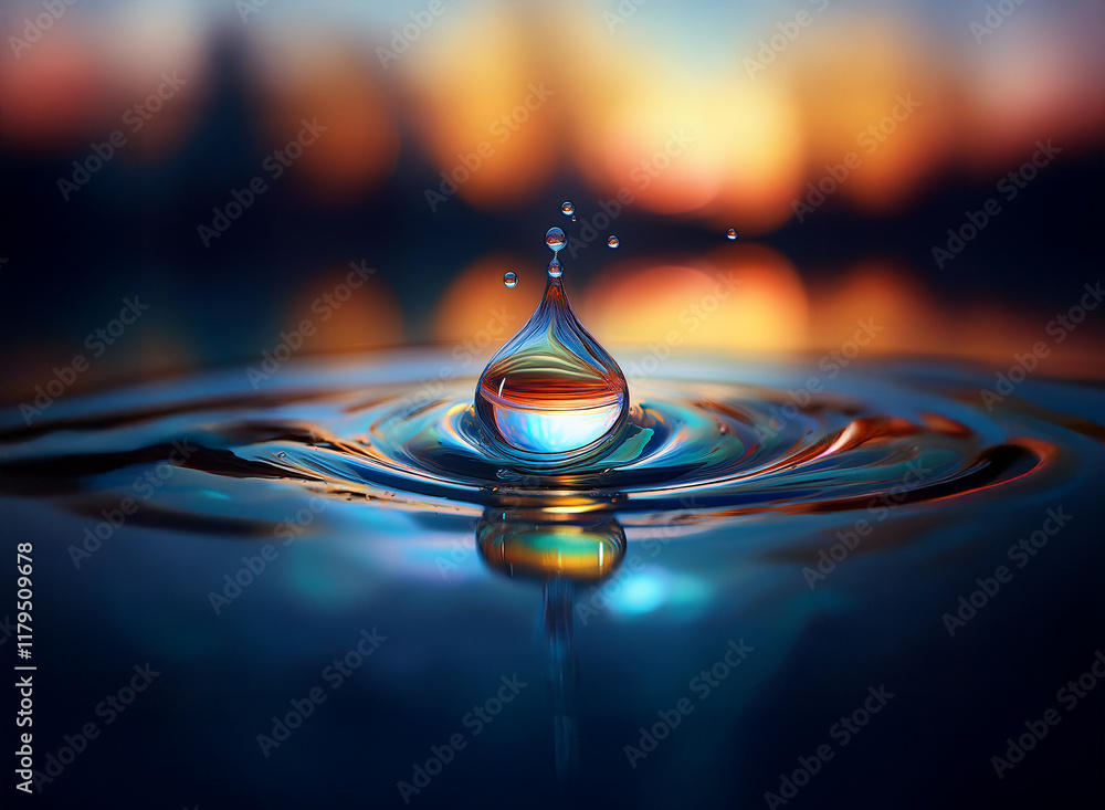 Poster a single water droplet impacts a still surface, creating concentric ripples. the droplet reflects a 