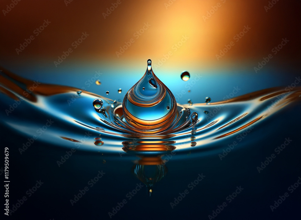 Poster a single water droplet impacts a calm surface, creating concentric ripples and a crown splash. the c