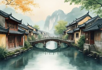 Obraz premium Serene Water Town: Wooden Houses and Stone Bridges