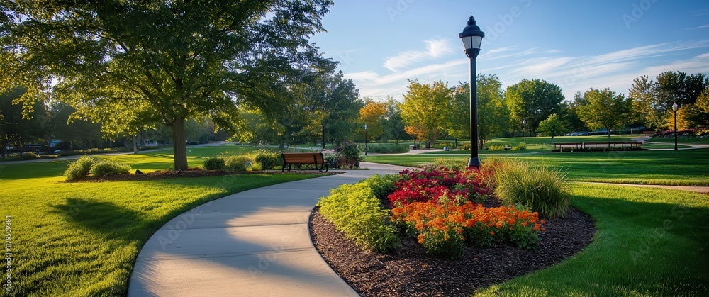 Poster a park with a path and a bench. the path is lined with flowers and trees. the bench is empty