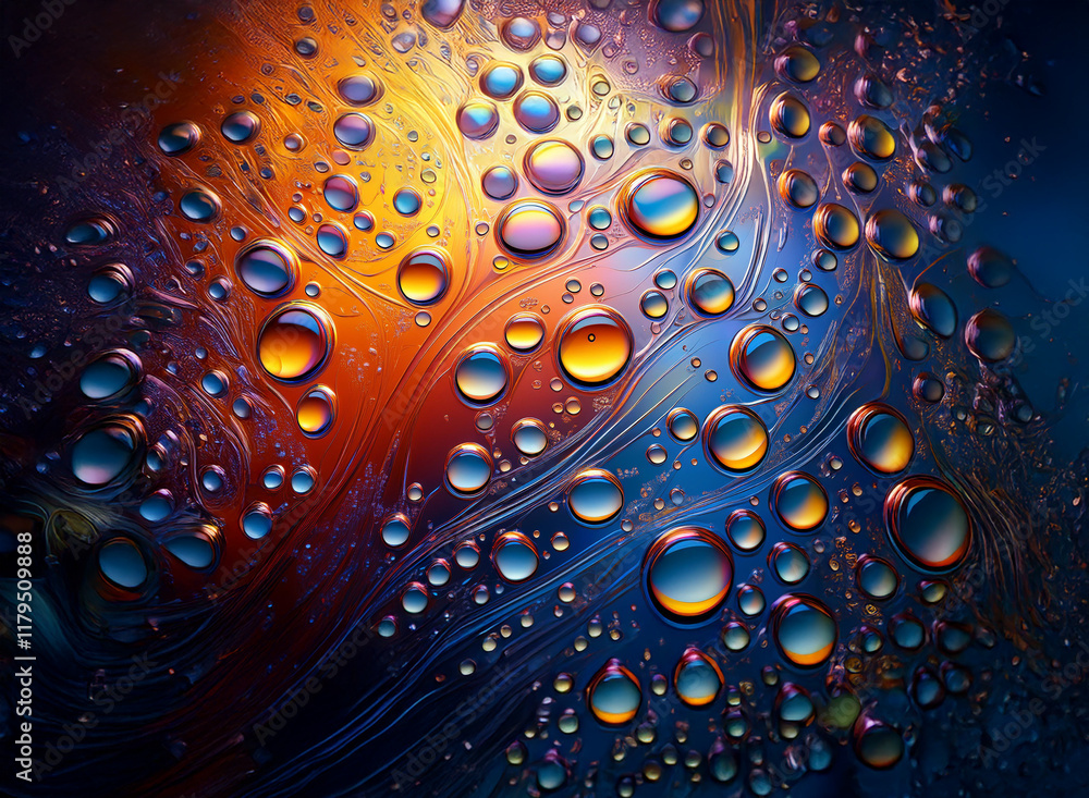 Poster abstract image of vibrant, multicolored water droplets and swirling patterns on a dark background. t