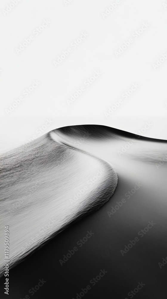 Aufkleber Smooth, rippling sand flows down a gentle slope, creating a mesmerizing pattern of light and shadow in this minimalist black and white photograph, evoking a sense of tranquility and natural beauty