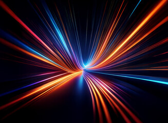 Abstract image depicting vibrant, multicolored light streaks converging at a central point, suggesting speed and motion, possibly representing a futuristic tunnel or energy flow.