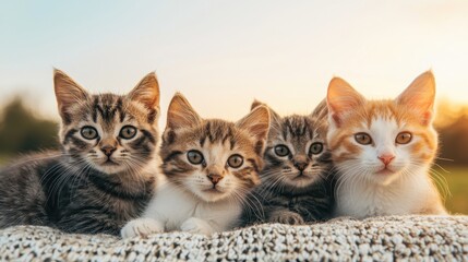 Four adorable kittens sitting together, showcasing their playful expressions against a soft, warm background.