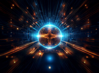 A glowing orb, radiating energy, sits at the center of a futuristic, symmetrical tunnel.  Intricate circuitry and vibrant light streaks surround it, creating a sense of speed and technological advance