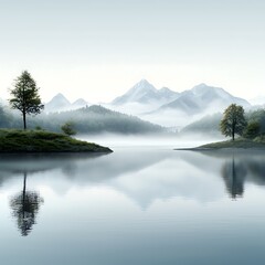 Gentle morning sky reflected on a calm lake, focus on serenity, close up, realistic, Fusion, forest lake backdrop 