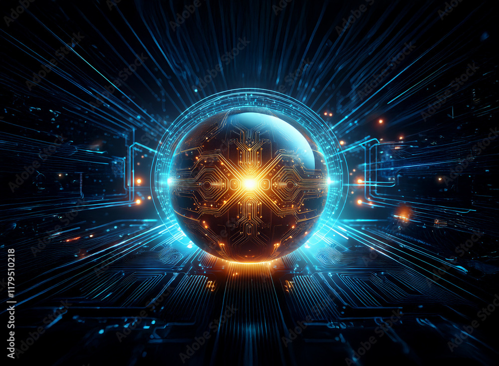 Aufkleber A glowing orb, pulsating with inner light, sits at the center of a complex technological network.  Surrounding circuitry radiates energy, creating a futuristic, otherworldly scene.
