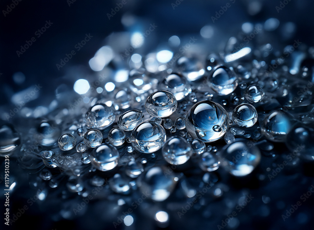 Aufkleber Close-up view of numerous glistening water droplets on a dark surface.  The droplets vary in size and create a beautiful, abstract pattern with reflections of light.