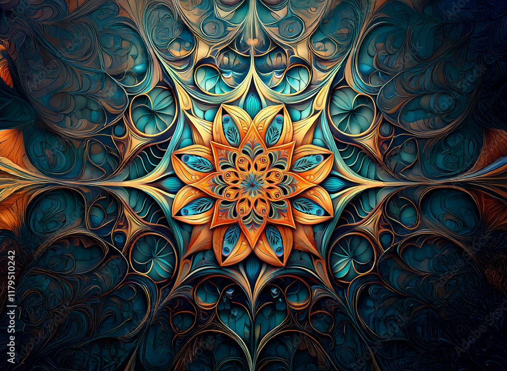 Poster intricate, symmetrical artwork featuring a golden flower at its center. deep teal and bronze hues cr