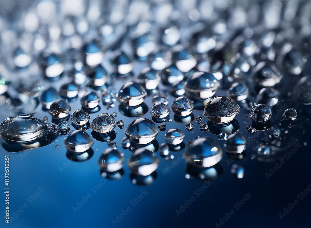 Fototapete Macro shot of numerous water droplets on a dark blue reflective surface.  The droplets vary in size and create a captivating pattern of light and shadow.