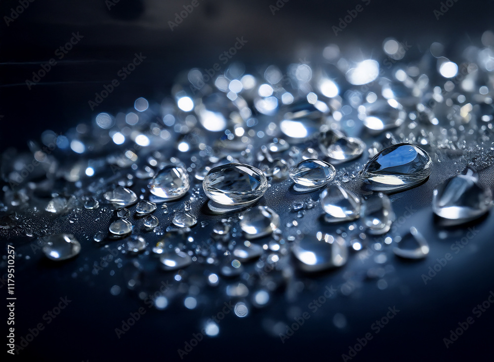 Poster close-up of numerous water droplets on a dark, reflective surface. the droplets vary in size and sha