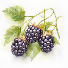 watercolor Glossy blackberries with green leaves in watercolor art isolated design on white background