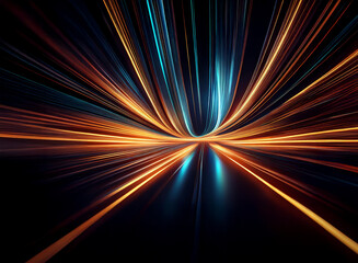 Abstract image depicting streaks of vibrant orange and blue light converging and diverging from a central point, suggesting rapid movement and speed.  The dark background enhances the luminosity of th