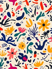 A pattern of whimsical doodles in bold colors on a white background. 