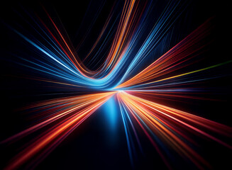 Dynamic streaks of blue, orange, and red light converge and diverge, creating an illusion of speed and movement against a black background.  The image evokes feelings of energy and futuristic technolo