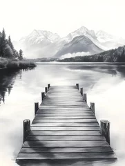 Fototapeten A pencil drawing of a dock stretching into a calm lake with mountains in the background. © Pascal