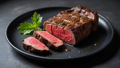 Fototapeta premium Flank Steak Grilled Medium-Rare Close-up on Black Plate