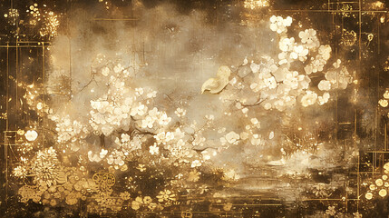 Japan, Japanese pattern, art, folding screen picture, gold, wabi, rust, Japanese spirit, Japanese painting, ink painting, ink painting, classic, ancient art, nightingale, bird, plant, vase, flower, 