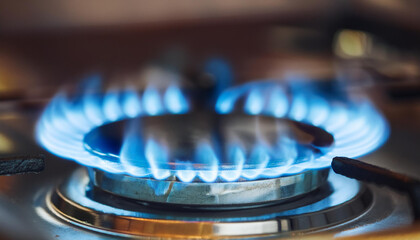 Blue flames burning on gas oven.