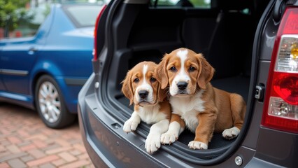 Two cheerful brown and white dogs sit together in the back of a sleek dark gray car, one gazing eagerly ahead