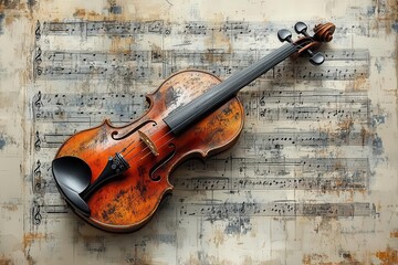Fototapeta premium elegant violin musical score composition vintage-inspired black and white artistic illustration with detailed sheet music notes and classical instrument