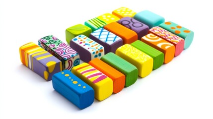 A colorful eraser set with playful patterns, neatly arranged and isolated on a pure white background,