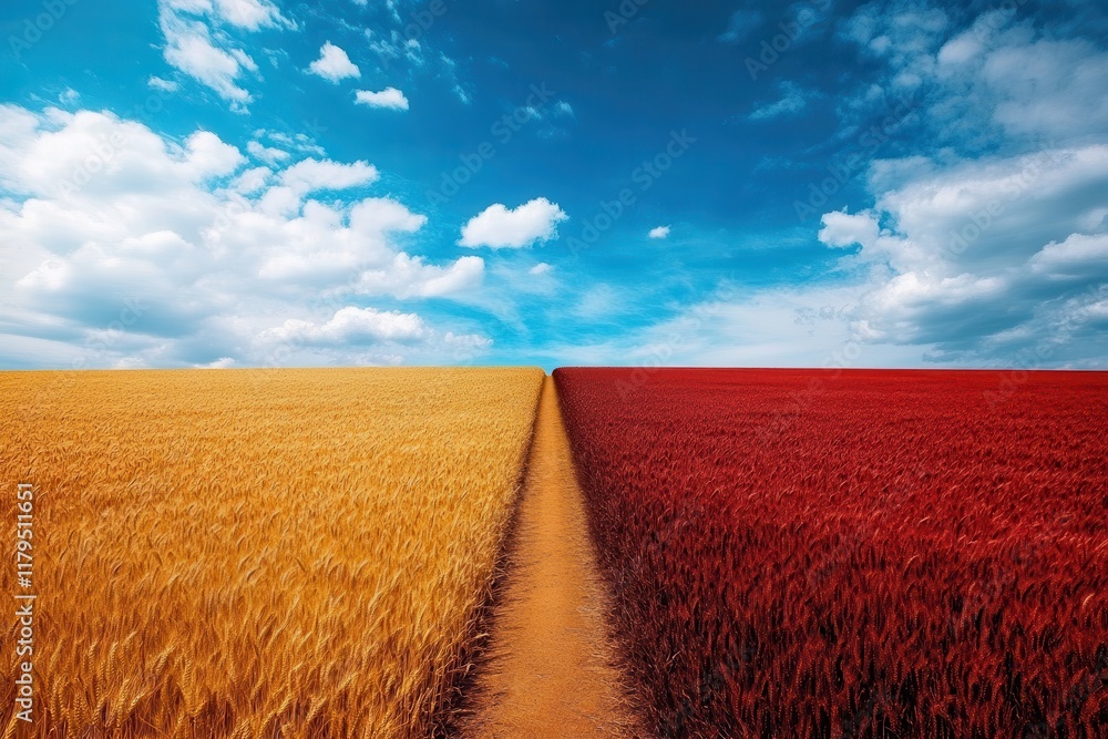 Poster a field of yellow and red grass with a path in the middle. the sky is blue with some clouds